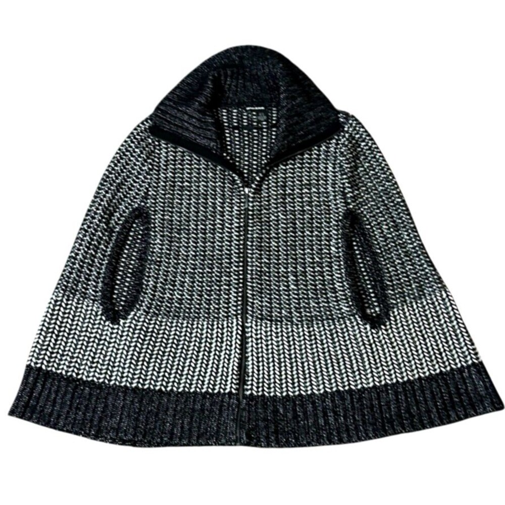 chunky knit sweater poncho BLack White silver Zip Front boho chic retro glam XL